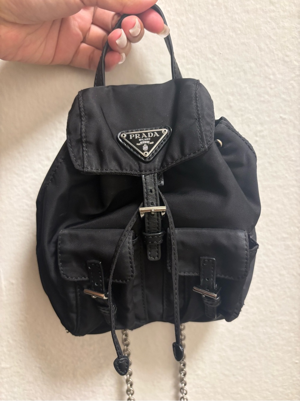 Prada Black Nylon Mini Drawstring Backpack with Silver Hardware